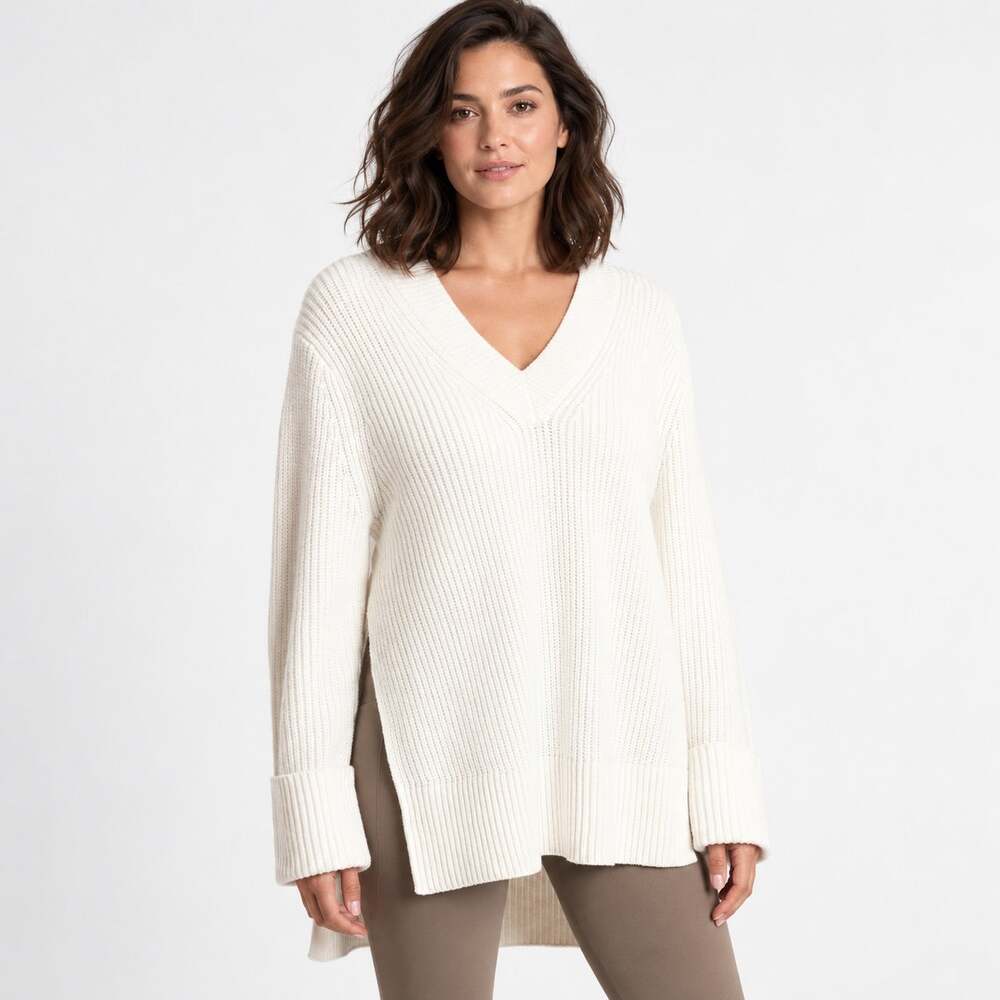 Athleta Dove Shasta V-Neck Oversized Sweater Wool Blend Ribbed Tunic Size Medium